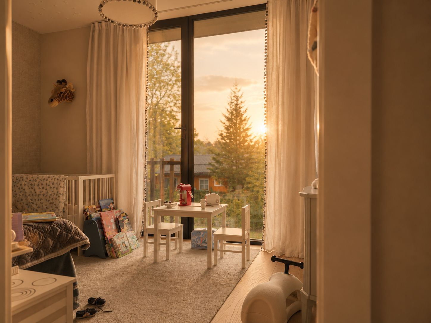 Barnerom med solnedgang gjennom store vinduer