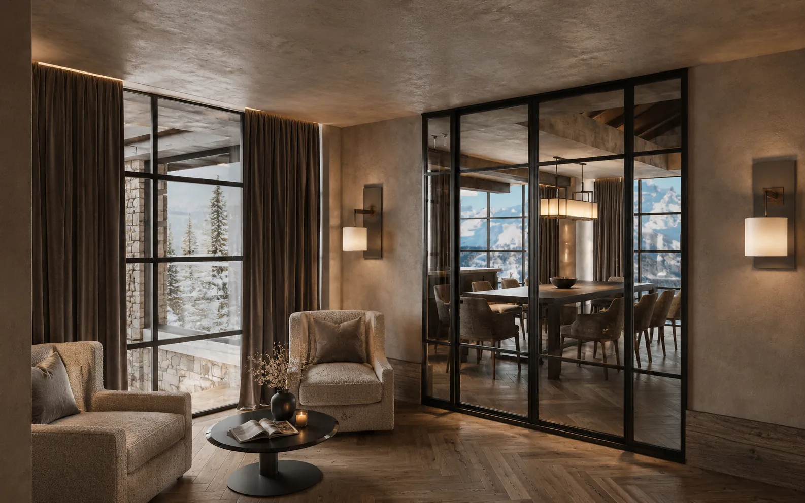 Lounge med fjellutsikt gjennom store glassfelt